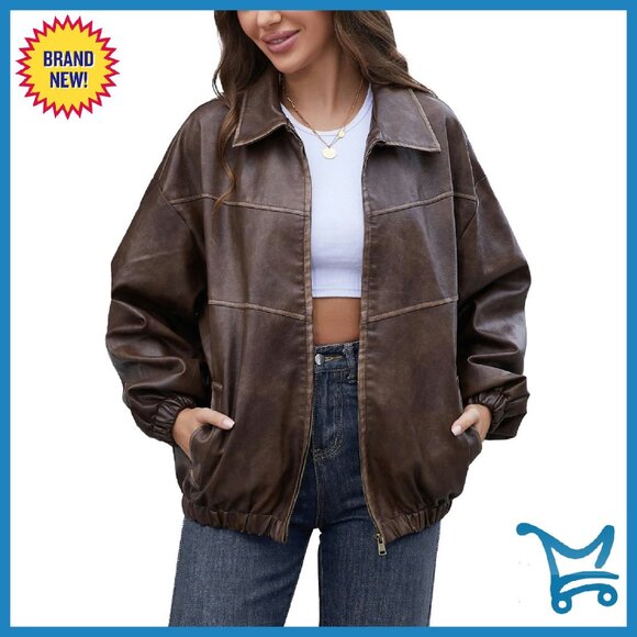 Jackets & Blazers - Oversized Faux Leather Motorcycle Jacket Y2K Vintage Plus Size
